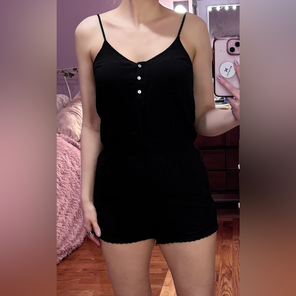 Black Button Front Spaghetti Strap Romper